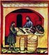 Iraq / Italy: A fishmonger's shop. Illustration from Ibn Butlan's Taqwim al-sihhah or 'Maintenance of Health' (Baghdad, 11th century) published in Italy as the Tacuinum Sanitatis in the 14th century
