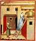 Iraq / Italy: Taking vinegar from a barrel. Illustration from Ibn Butlan's Taqwim al-sihhah or 'Maintenance of Health' (Baghdad, 11th century) published in Italy as the Tacuinum Sanitatis in the 14th century